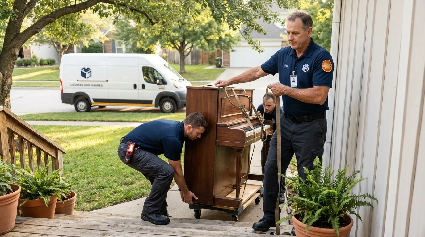 Licensed piano movers securing grand piano in Sherwood, AR