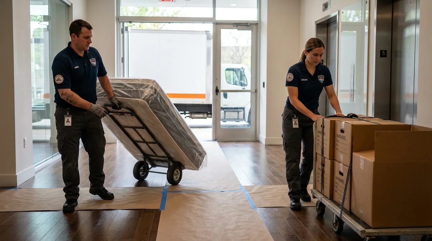 Professional apartment movers loading elevator in Sherwood, AR
