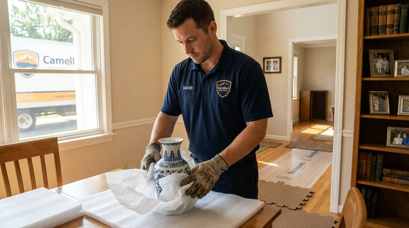 Professional crew carefully wrapping antique vase for senior downsizing move in Sherwood, AR